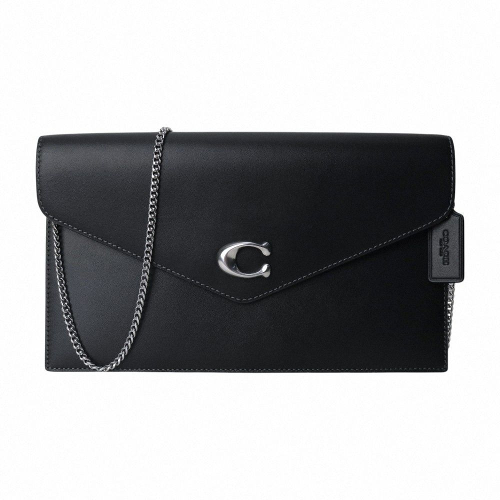 COACH 金屬C 滑面牛皮革信封式鍊帶手拿/斜背包(黑)