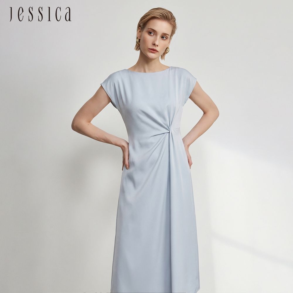 JESSICA - 氣質優雅腰抓皺中長短袖洋裝J63701