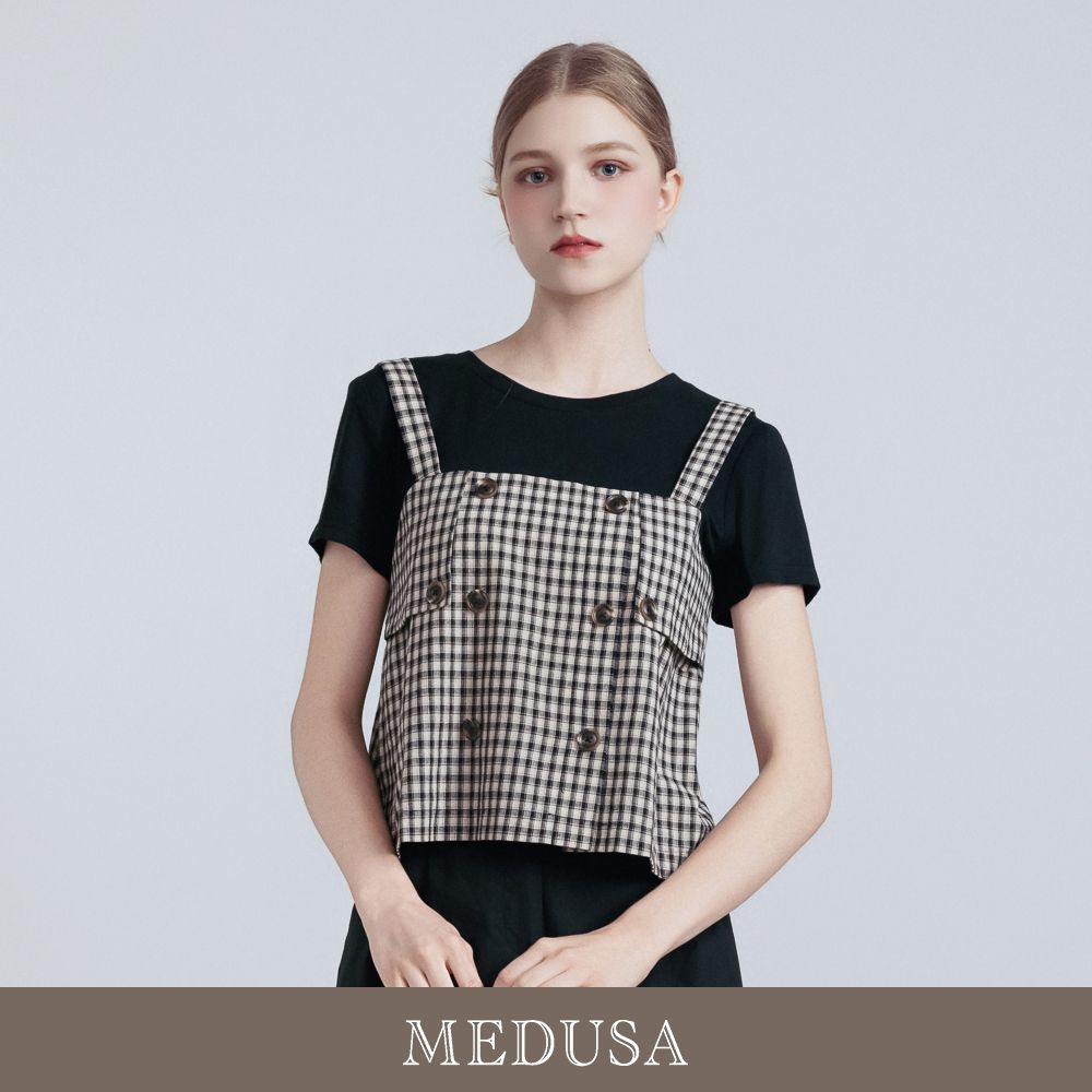 現貨【MEDUSA 曼度莎】文藝優雅格紋吊帶假兩件上衣（M-XL）｜女休閒上衣 短袖上衣 上班上衣