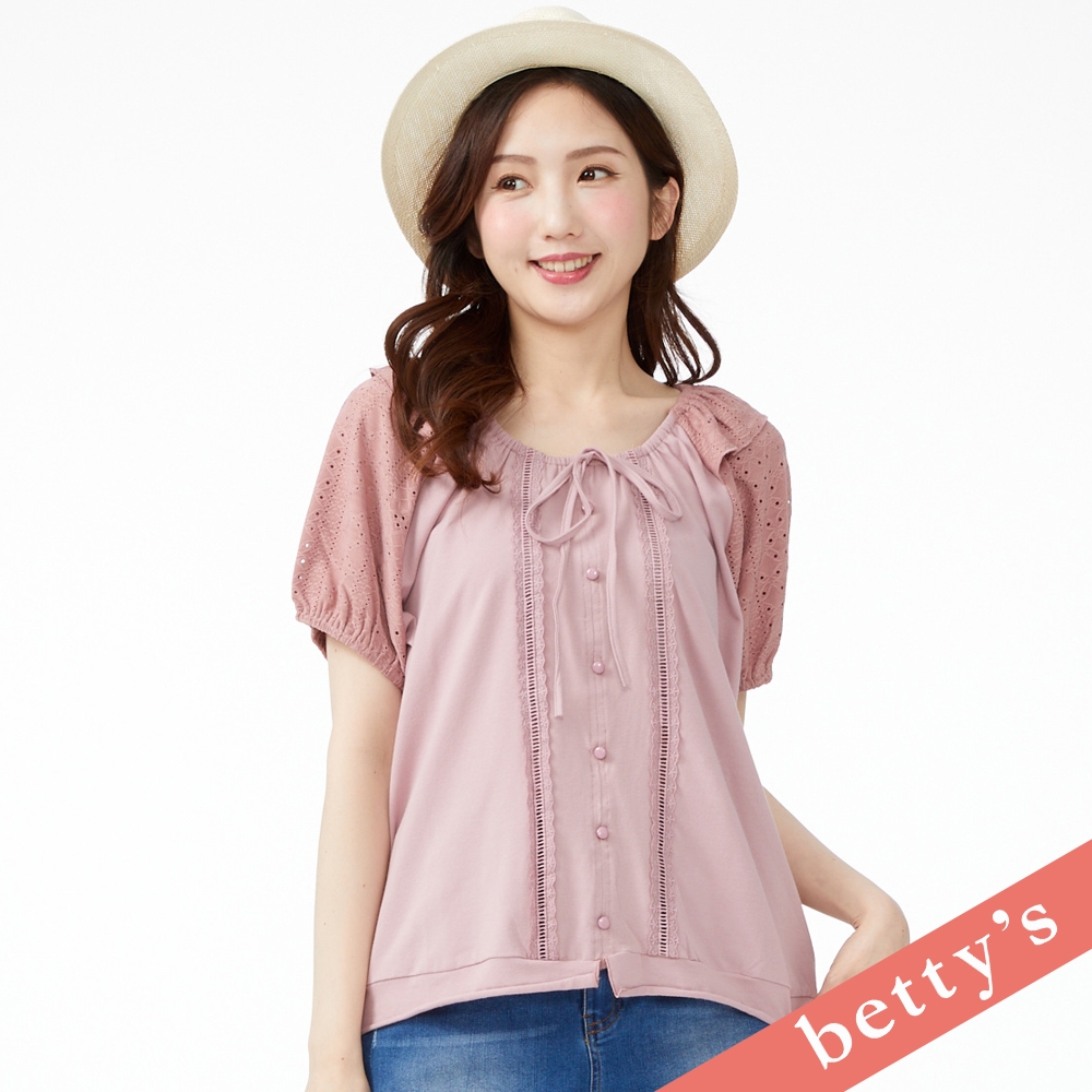 betty’s貝蒂思　鏤空蕾絲蝴蝶結拼接T-shirt(粉色) (粉色)