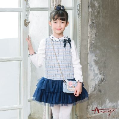 Annys安妮公主-氣質格紋小香風網紗拼接蝴蝶結秋冬款無袖洋裝 *3219水藍