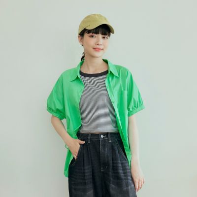 OB嚴選中大尺碼-純棉側開衩綁帶泡泡袖襯衫上衣《AB19358》