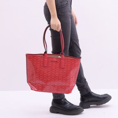 MICHAEL KORS JODIE MK印花塗層帆布肩背托特購物包(紅)