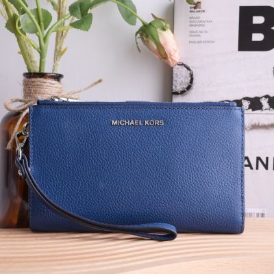 MICHAEL KORS JET SET 素色荔枝皮革對開扣式長夾(藍)