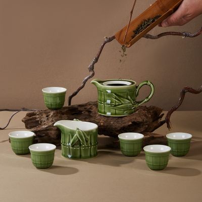 乾唐軒活瓷-竹節茶具組/ 綠釉/ 一壺+六杯+茶海| 杯子| Yahoo購物中心