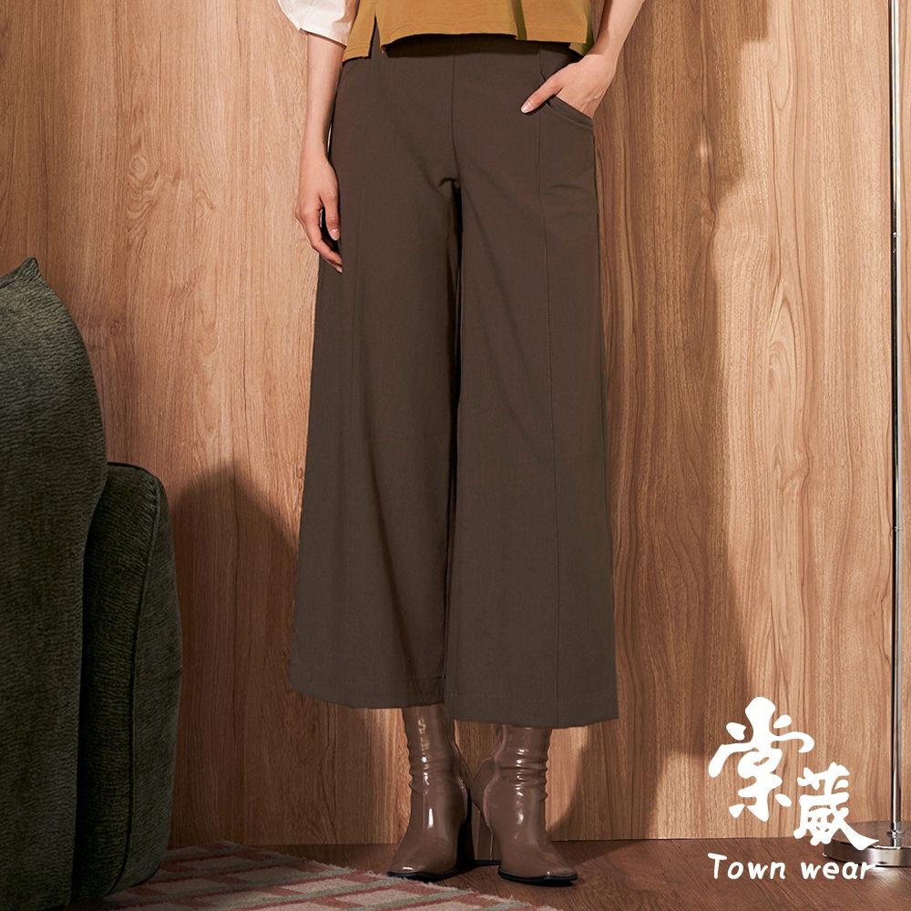 【TOWNWEAR棠葳】簡約釦飾七分寬褲(中大尺碼/女下身/女下著/長褲/素色/口袋/腰頭彈性/羊毛) (咖啡色系)