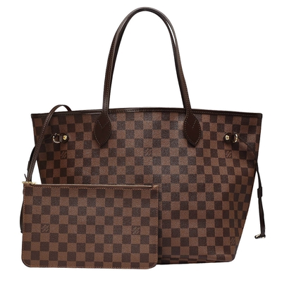 LV Louis Vuitton路易威登 N40599 經典NEVERFULL MM Damier帆布肩背托特包(櫻桃紅色)