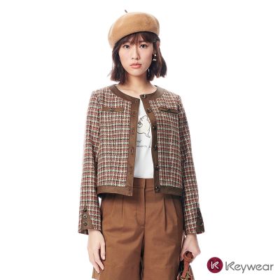 KeyWear奇威名品 異材質拼接短版長袖外套-咖啡色