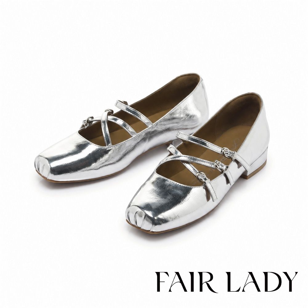 FAIR LADY 小時光 摩登交叉瑪莉珍低跟鞋 銀 (5E3241)