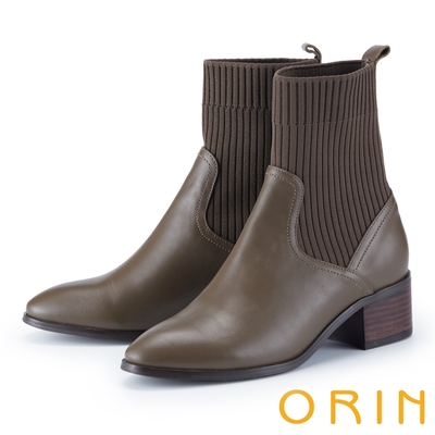 ORIN 素面異材質拼接襪套中跟短靴 墨綠