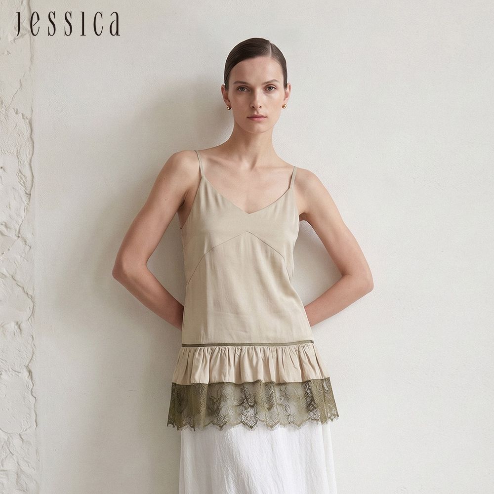JESSICA - 優雅簡約拼接荷葉蕾絲細肩帶背心上衣J63901