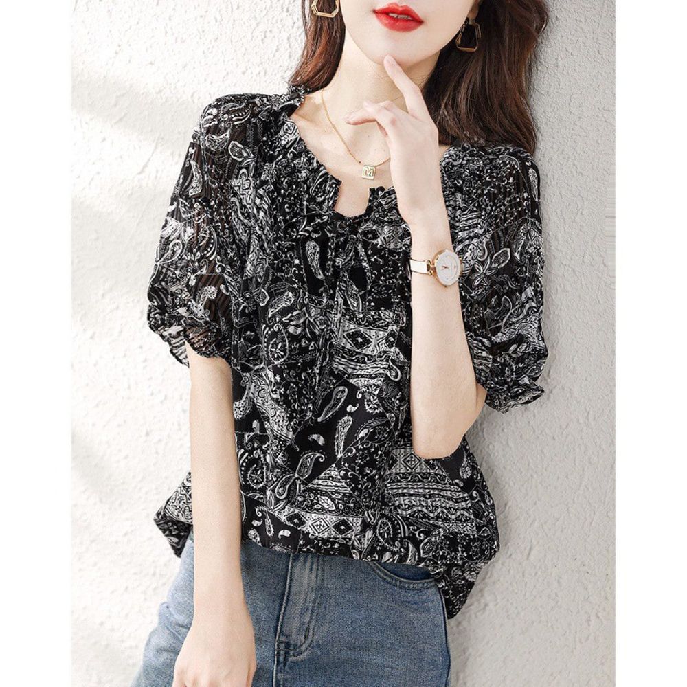 【ALLK 歐楷】新品上架 印花造型上衣 2色 尺寸L-XXL/中大尺碼/涼爽/透氣 (黑色)