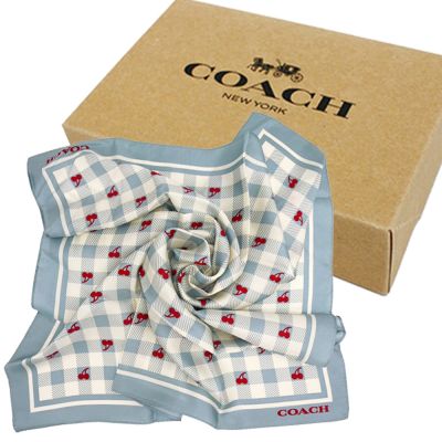 COACH 100%蠶絲絲巾領巾方巾圍巾禮盒(櫻桃/水藍)