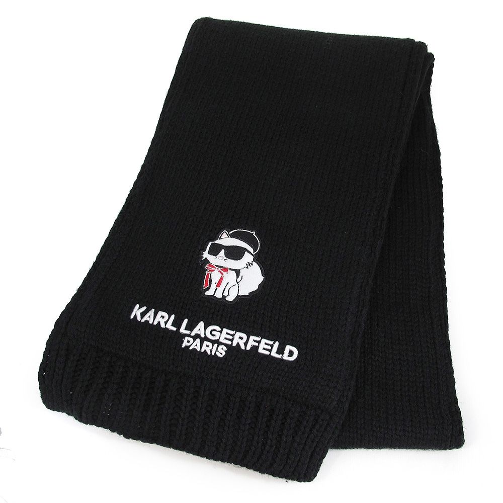 KARL LAGERFELD 卡爾老佛爺貓咪圖騰保暖圍巾(黑色)