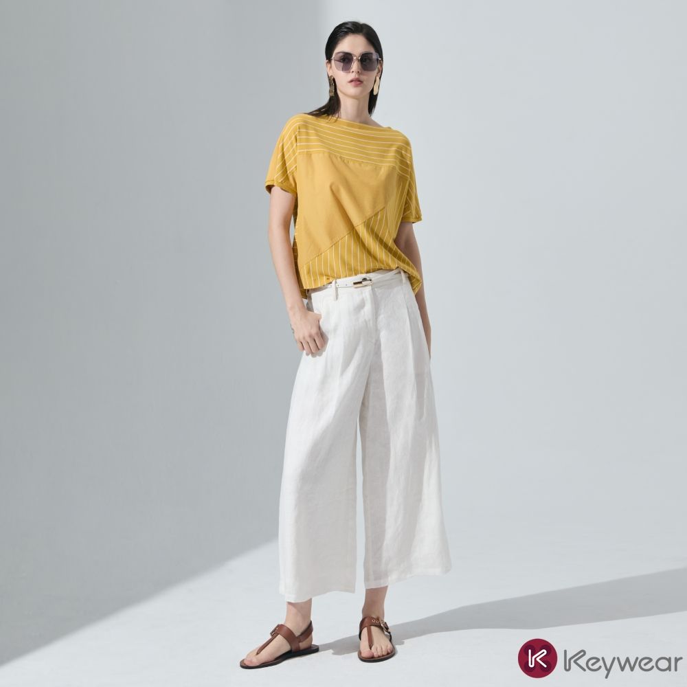 KeyWear奇威名品    休閒美學純麻白九分褲-白色