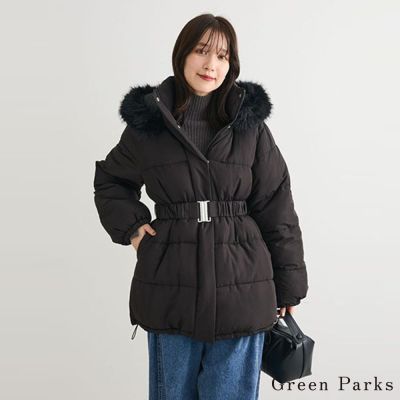 〚Green Parks〛蓬鬆纖維羽絨腰帶抽繩連帽大衣