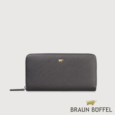 【BRAUN BUFFEL 德國小金牛】臺灣總代理 尚恩A 12卡拉鍊長夾(金色LOGO款)-黑色/BF354-602A-BK