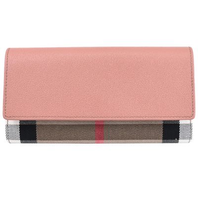BURBERRY HALTON 經典格紋帆布拼接釦式長夾(玫粉邊)
