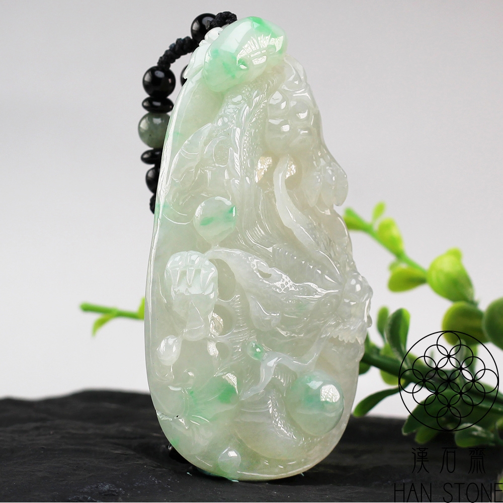 漢石齋】天然翡翠A貨護主龍牌玉佩吊墜冰糯種飄花(43*83*13mm) | 漢石齋