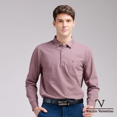 Emilio Valentino 範倫鐵諾 男 長袖POLO衫 保暖蓄熱口袋 粉 (15-5V9997)