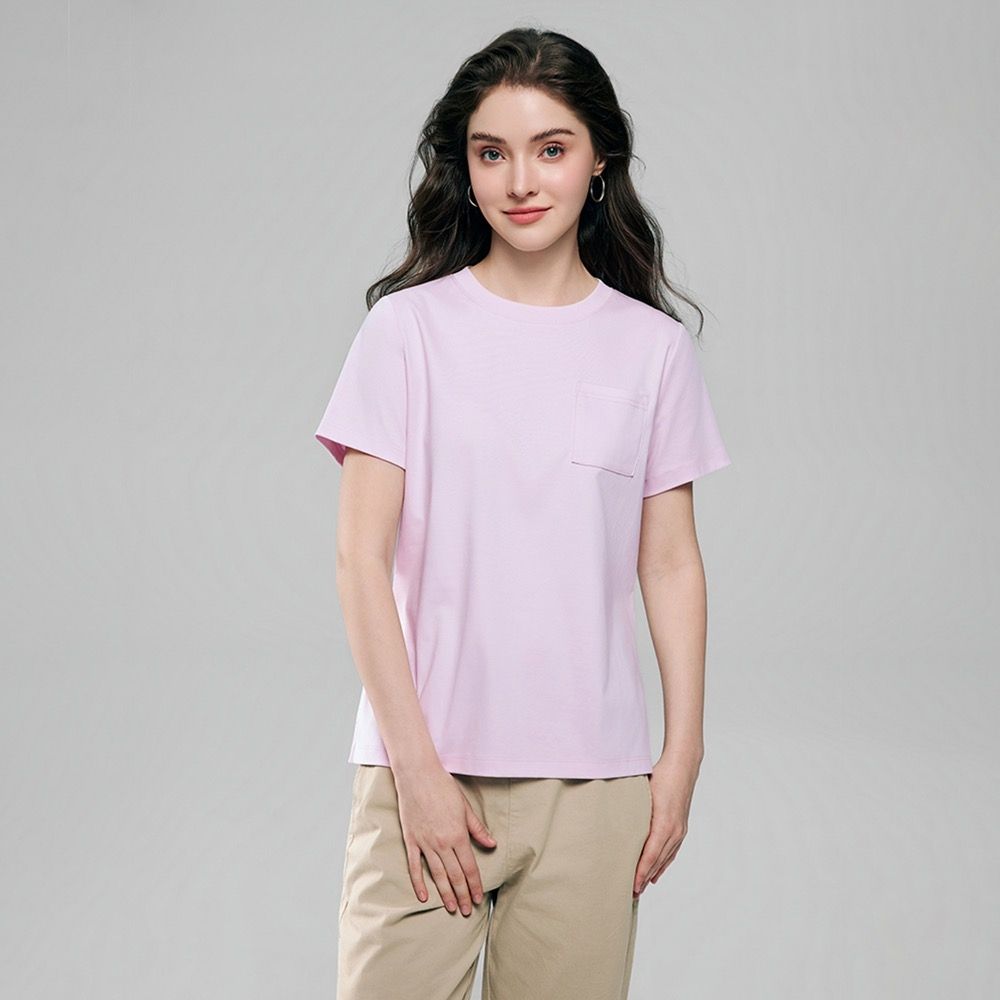 GIORDANO 女裝抗皺口袋短袖T恤 Liquid Touch系列【多色任選】 (45 丁香粉紅)