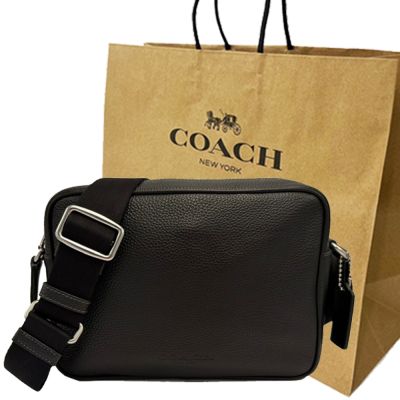 COACH 2026美國新款素面牛皮男款相機斜背郵差包附紙袋(黑)