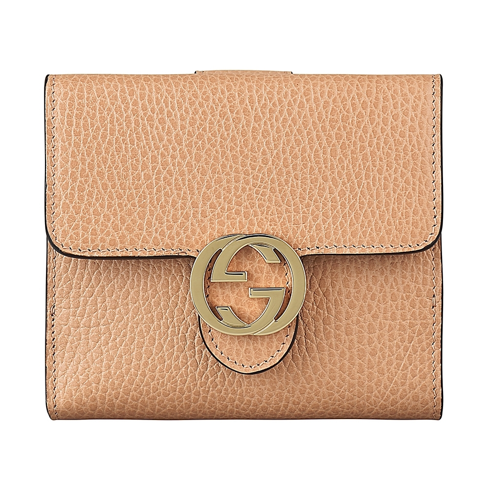 GUCCI 古馳 雙G金屬大LOGO牛皮10卡雙扣式短夾(展示品/駝)