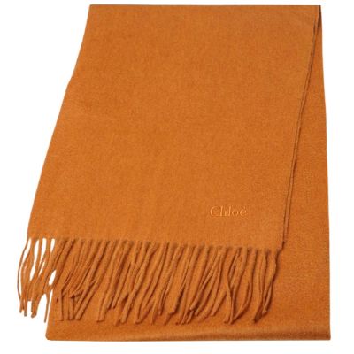 CHLOE 經典刺繡品牌LOGO圖騰喀什米爾圍巾(茶褐色/195*31CM)