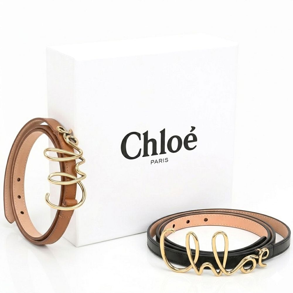 CHLOE 蔻依 Iconic 1.8CM 草寫字金屬扣環小牛皮腰帶-2色可選 (棕色)