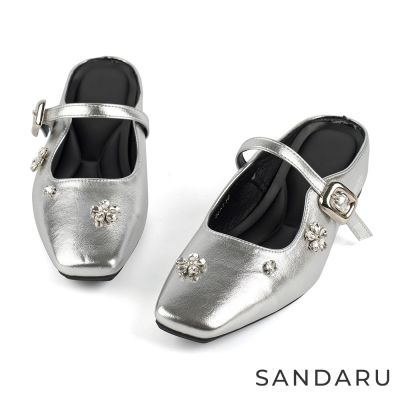 山打努SANDARU-穆勒鞋 方頭小花鑽飾漆皮穆勒拖鞋-銀