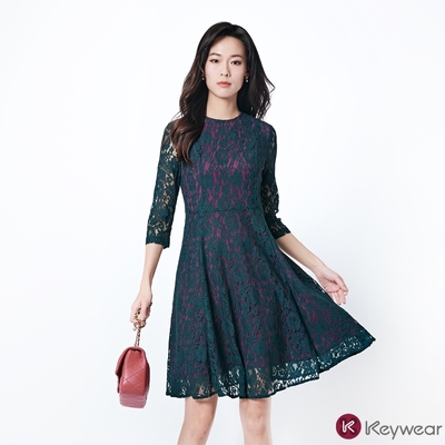 KeyWear奇威名品    蕾絲七分袖合身洋裝-綠色