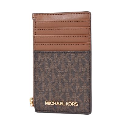 MICHAEL KORS 緹花LOGO防刮證件/拉鍊零錢包-焦糖色