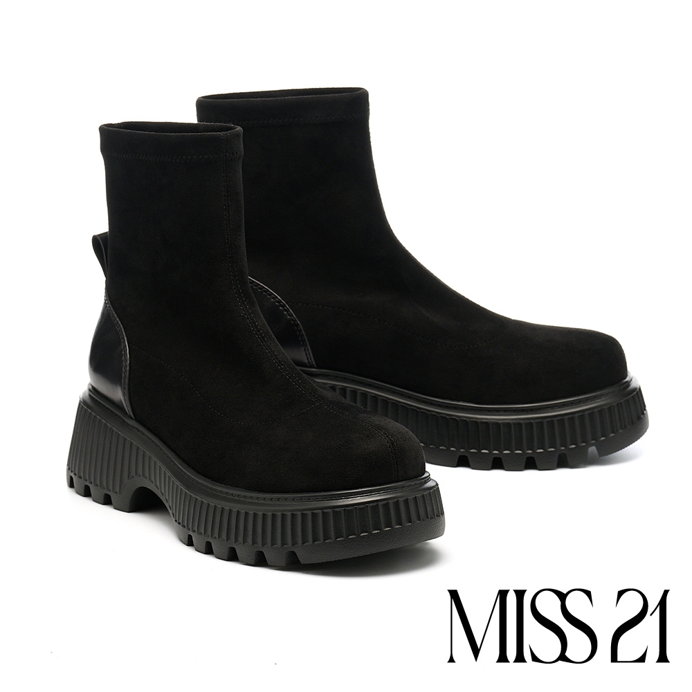短靴 MISS 21 個性復古純色拼接絨布大頭厚底短靴－黑