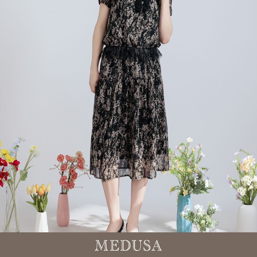 現貨【MEDUSA 曼度莎】宮廷感印花雪紡中長裙（M-XL）｜雪紡長裙 雪紡裙 長裙 印花裙