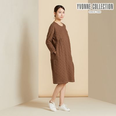 YVONNE 圓點提花長袖洋裝-深咖啡