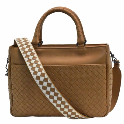 BOTTEGA VENETA 寶緹嘉 經典編織小牛皮撞色背帶手提/肩背包(棕)