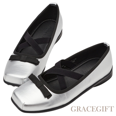 【Grace Gift】蝴蝶結交叉細帶芭蕾舞平底娃娃鞋 銀