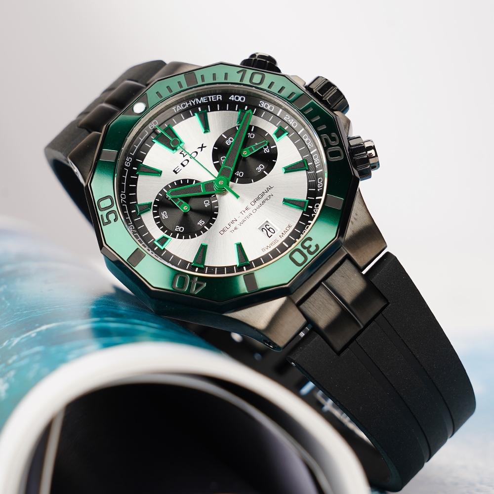EDOX Delfin 海豚 水上冠軍 專業200米防水計時碼錶 開學換新季 送禮推薦-黑X綠/43mm E10112.37GNVCA.ANV