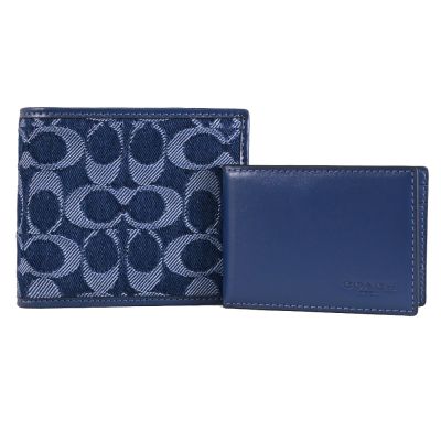 COACH 滿版緹花LOGO牛仔布附活動夾對開短夾(深藍)