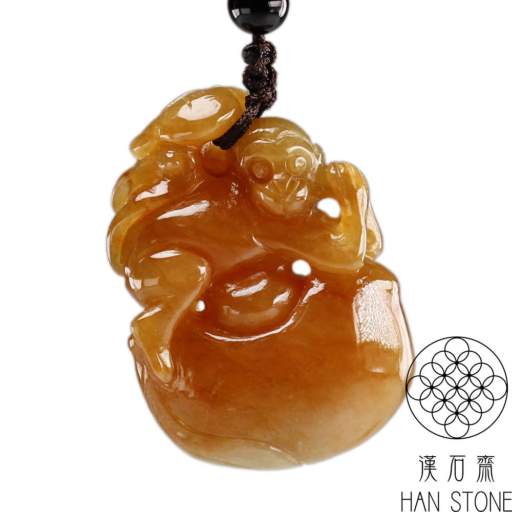 漢石齋】天然A貨紅黃翡翡翠靈猴獻寶玉佩吊墜(27*39*10mm) | 漢石齋