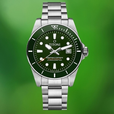 TITONI 梅花錶 海洋探索系列 83300 S-GN-703 天文台認證 300米潛水機械錶 綠框綠面 42mm