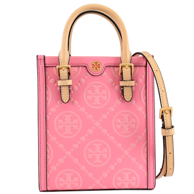 TORY BURCH T Monogram 立體亮面壓花皮革兩用包/紙袋包(粉)