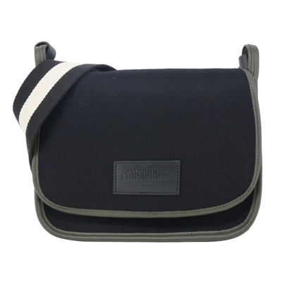 LONGCHAMP LE FOULONNÉ系列氈製羊毛寬背帶翻蓋斜背包(中/黑)