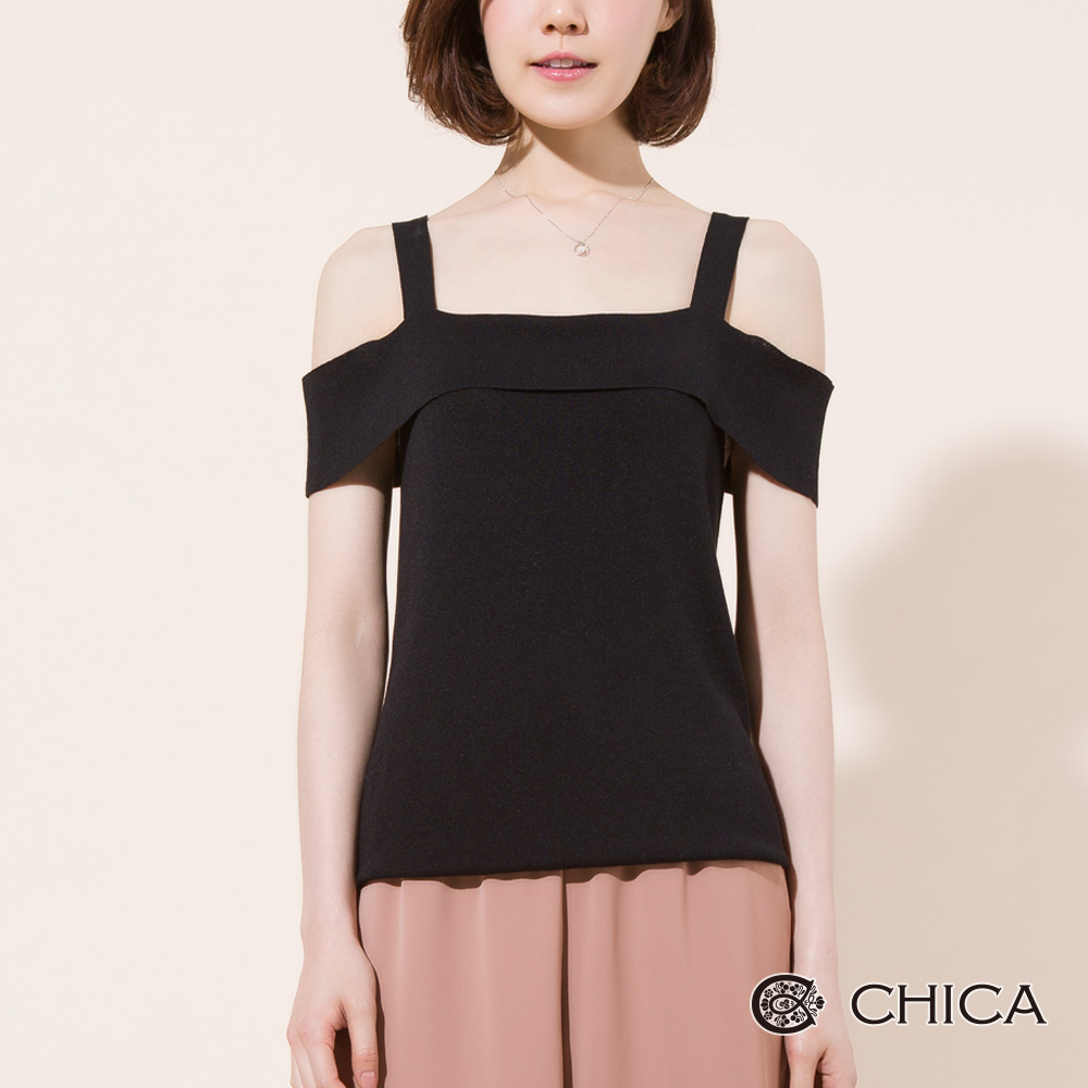 CHICA 復刻美學平口細帶露肩針織衫(3色)
