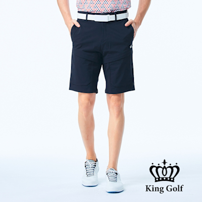 【KING GOLF】網路獨賣款-男款LOGO燙標口袋造型立體剪裁彈性休閒短褲/高爾夫球褲-藍色