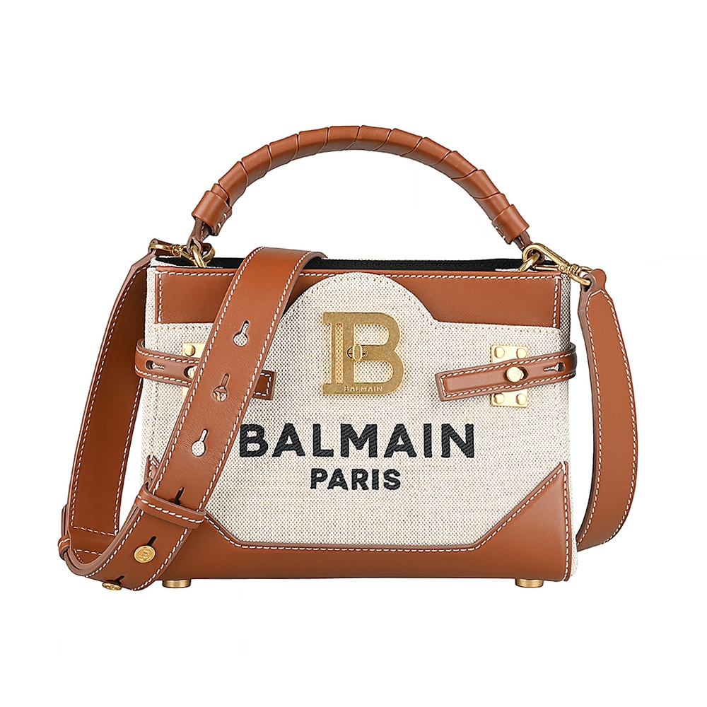 BALMAIN B-Buzz 22刺繡英文字LOGO亞麻布小牛皮開放手提斜背兩用包(米x棕)