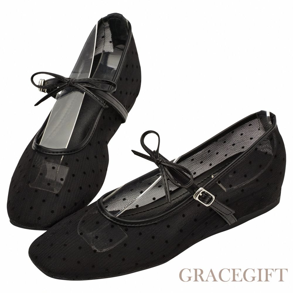 【Grace Gift】日系水玉蝴蝶結網紗內增高瑪莉珍鞋 黑