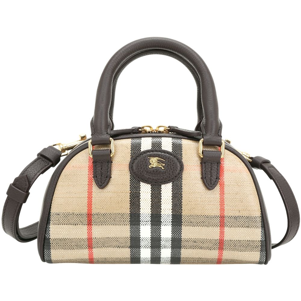 BURBERRY 巴寶莉 Highlands 棉麻混紡格紋帆布迷你保齡球包(沙米色)