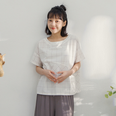 【MOSS CLUB】日本布格子錯格圓領短袖襯衫 白 咖