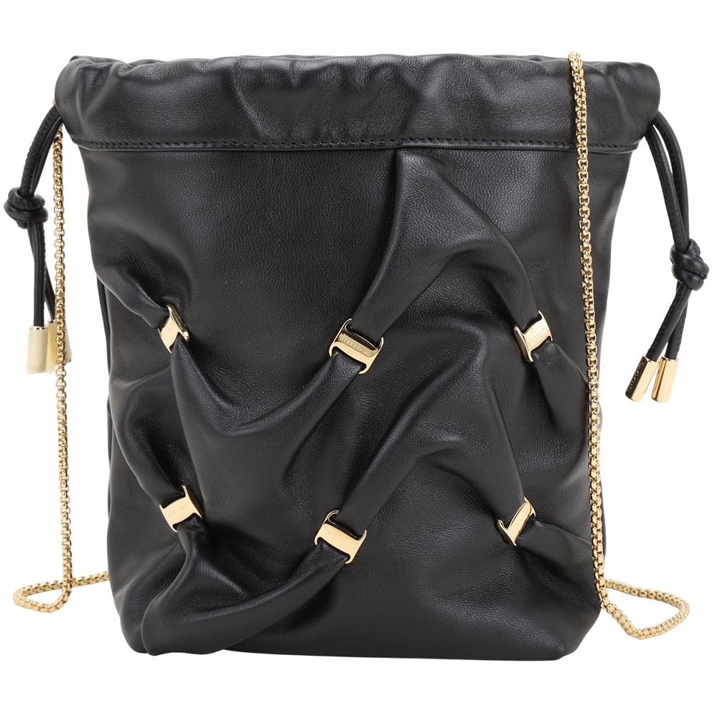 Salvatore Ferragamo Mini 抓皺金鍊納帕皮革束口斜背水桶包(黑色)